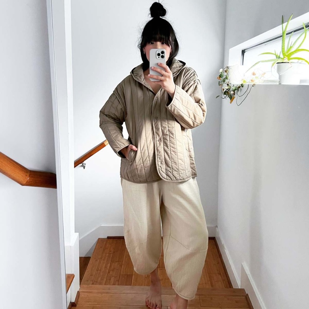 MICAELA GREG The Straight Quilt Jacket in Faded Olive Hooded Coat Cotton Size M - Picture 5 of 16